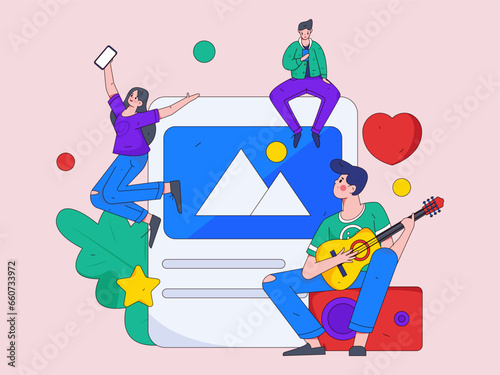 Virtual characters social communication concept business flat vector hand drawn illustration
