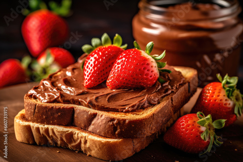 Delicious piece of bread topped with rich chocolate frosting and fresh strawberries. Perfect for breakfast or sweet treat.