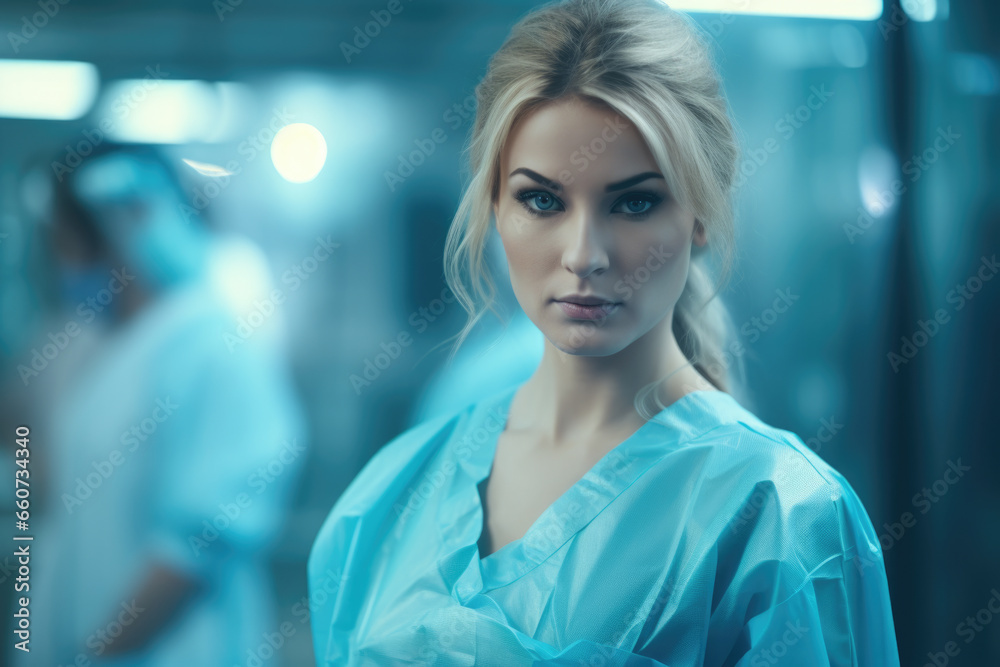 Woman wearing hospital gown looking directly at camera. This image can be used to depict patient in medical setting or to illustrate healthcare and hospital-related concepts. Woman wearing hospital gown looking directly at camera. This image can be used to depict patient in medical setting or to illustrate healthcare and hospital-related concepts.
