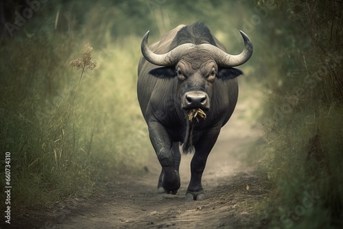 untamed buffalo roaming freely in the wilderness. Generative AI