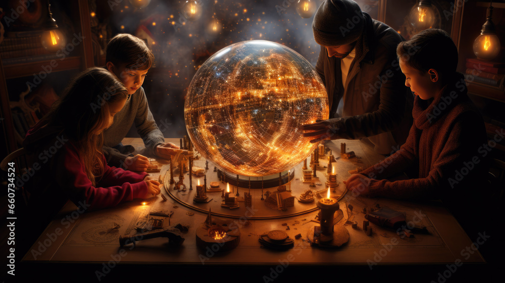Naklejka premium A family sits at the table next to a sphere with memories