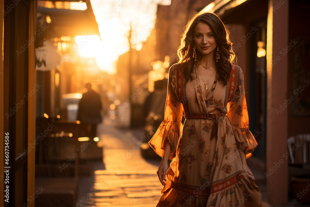 Southwestern Elegance: Ethereal Woman in Santa Fe Stroll, Dressed in Regional Attire at Golden Hour
