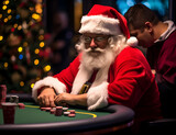 santa hold cards, Christmas Casino, santa playing cards, jackpot big win, roulette, Gambling concept background, betting, roulette, banner game design, online casino advertising, Casino advertising