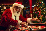 santa hold cards, Christmas Casino, santa playing cards, jackpot big win, roulette, Gambling concept background, betting, roulette, banner game design, online casino advertising, Casino advertising