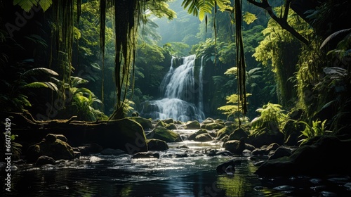 Waterfall in tropical forest isolated on spring background
