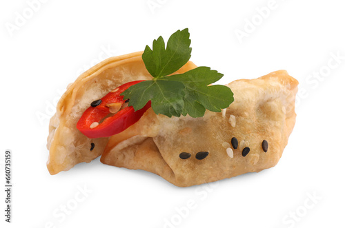 Delicious gyoza (asian dumplings) with sesame, parsley and pepper isolated on white