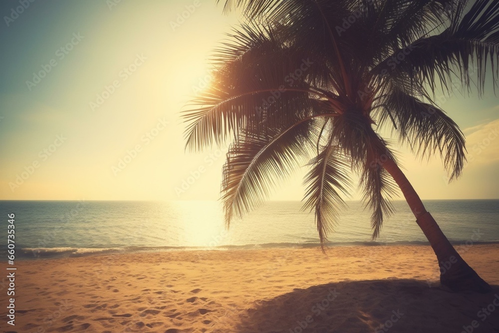 Silhouetted palm tree against sun, sand, and beach retro color background. Summer getaway idea. Generative AI