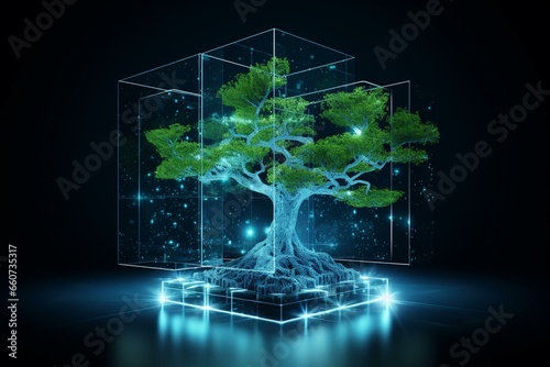 Representation of harmony between technology and nature through a growing tree within a digital cube. Blue lighting, wireframe network backdrop. Concepts: csr, green tech, computing. Generative AI