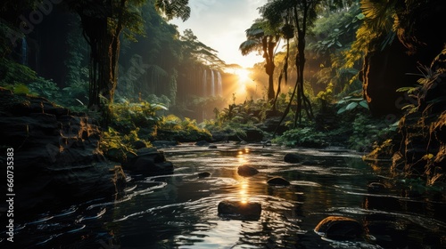 Waterfall in tropical forest isolated on sunset background photo