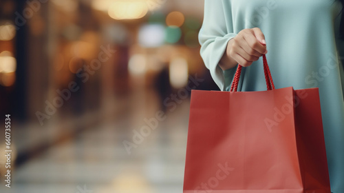 woman hand hold shopping bag with blur shopping mall background