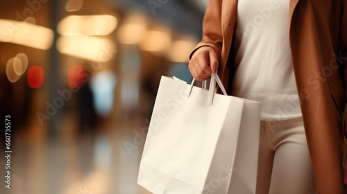 woman hold shopping bag with blur shopping mall background