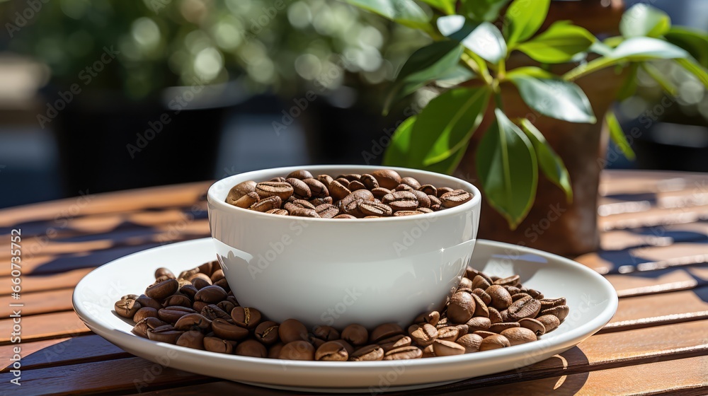White coffee cup with roasted coffee beans on patio table and home yard plantation background White coffee cup with roasted coffee beans on patio table and home yard plantation background