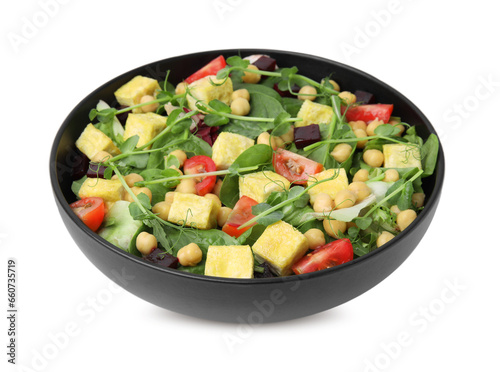 Bowl of tasty salad with tofu, chickpeas and vegetables isolated on white