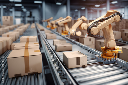 Robot hand work with Cardboard boxes moving along a conveyor belt in a warehouse fulfillment center. photo