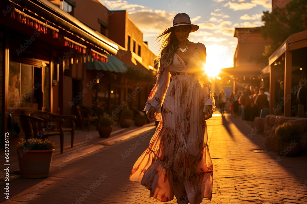 Obraz premium Southwestern Elegance: Ethereal Woman in Santa Fe Stroll, Dressed in Regional Attire at Golden Hour
