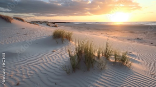 White sand beach landscape, at sunrise