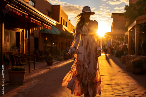 Southwestern Elegance: Ethereal Woman in Santa Fe Stroll, Dressed in Regional Attire at Golden Hour