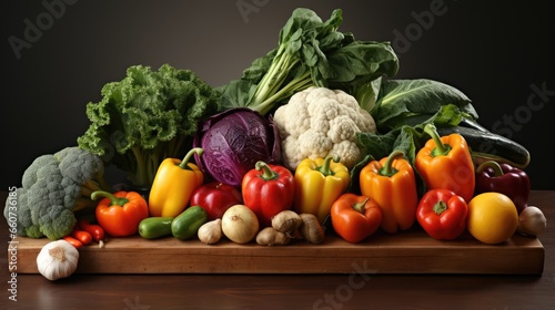 Wooden box full of fresh vegetables and fruits on white background