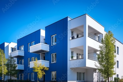 Exterior of contemporary residential flat apartment building. Detail of upscale house complex with city real estate property. Blue sky and copy space. Generative AI