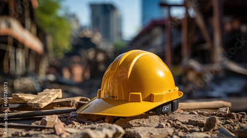 yellow helmet on construction site and excavator background on building construction