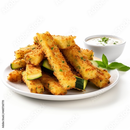 Crispy zucchini fries on a white background