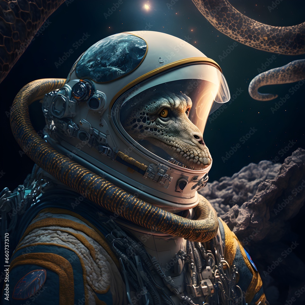 Garder snake astronaut outer space with planets and moons in the ...