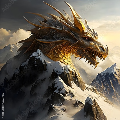 a mountain of gold with a huge dragon Many mountains with snow are behind the scene  © Anthony