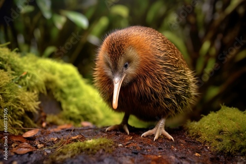 The only place to see kiwi birds during the day is on Ulva Island in New Zealand, where a rare wild kiwi species forages in the forest. Generative AI photo