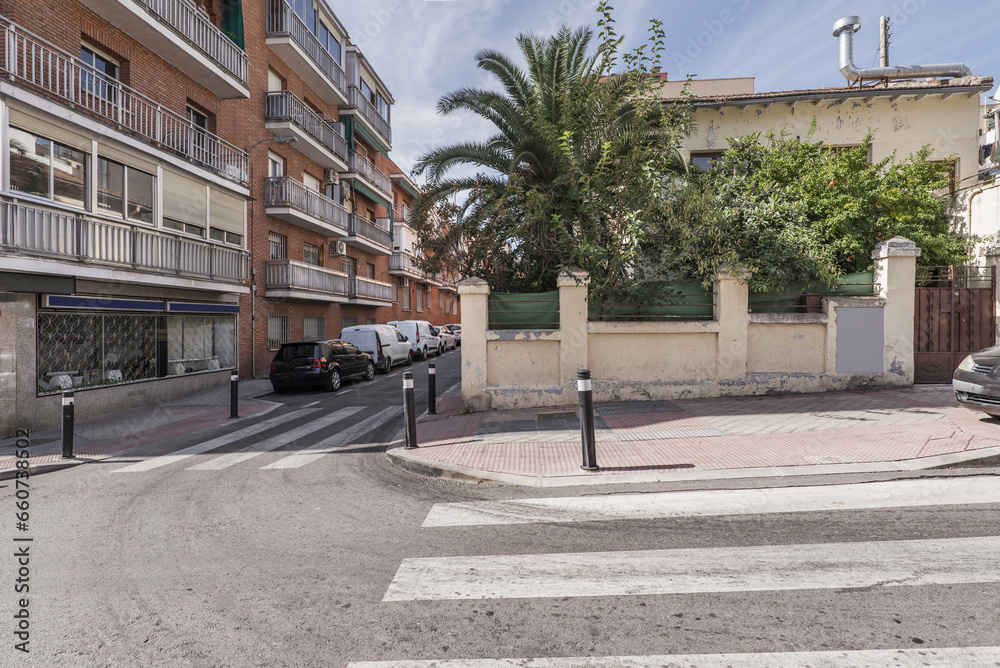 A street intersection with zebra crossings next to a single-family home with a palm tree in the garden A street intersection with zebra crossings next to a single-family home with a palm tree in the garden