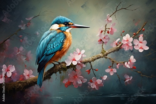 Kingfisher perched on branch with flowers. Generative AI
