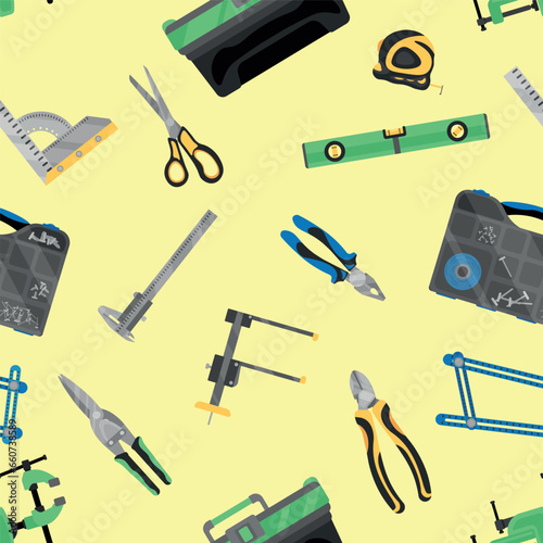Set of construction tools on color background. Pattern for design
