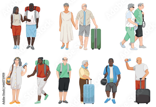 Set of senior tourists with luggage on white background