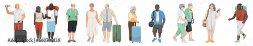 Set of many senior tourists on white background