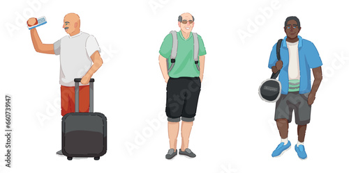 Set of male senior tourists with luggage on white background