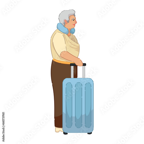 Female senior tourist with luggage on white background