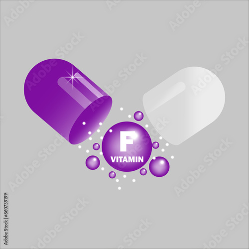 Vitamin F in open purple capsule. Health pill. Vector illustration. EPS 10.