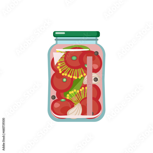 Jar of homemade pickled tomatoes on white background