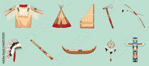 Set of Native American symbols on color background