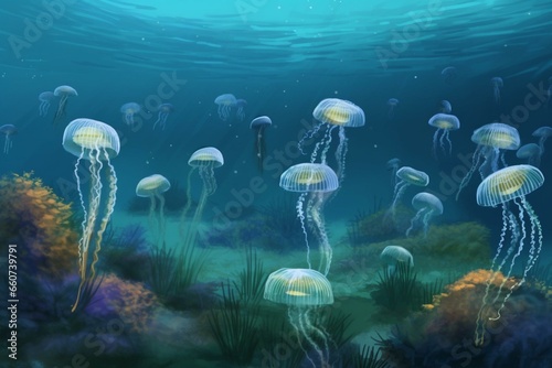 Background depicting a digital environment suitable for virtual jellyfish habitat. Generative AI
