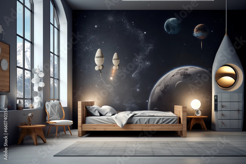 Space theme. Creative and bright eco design of a children's room. Bright fantasy wallpaper on the wall of children's room