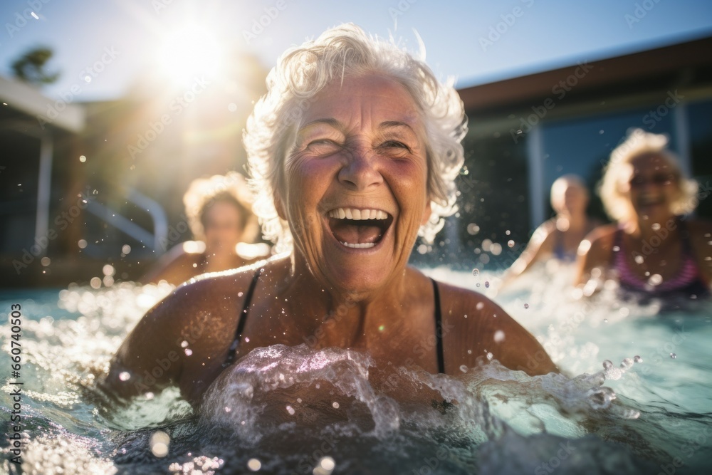 Happy woman in the pool during group classes. Aqua fit concept. Portrait with selective focus Happy woman in the pool during group classes. Aqua fit concept. Portrait with selective focus