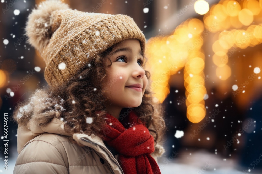 Child at the Christmas market. Portrait with selective focus and copy space