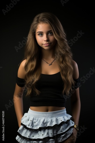 A cute brunette teen girl in a summer outfit on black background.