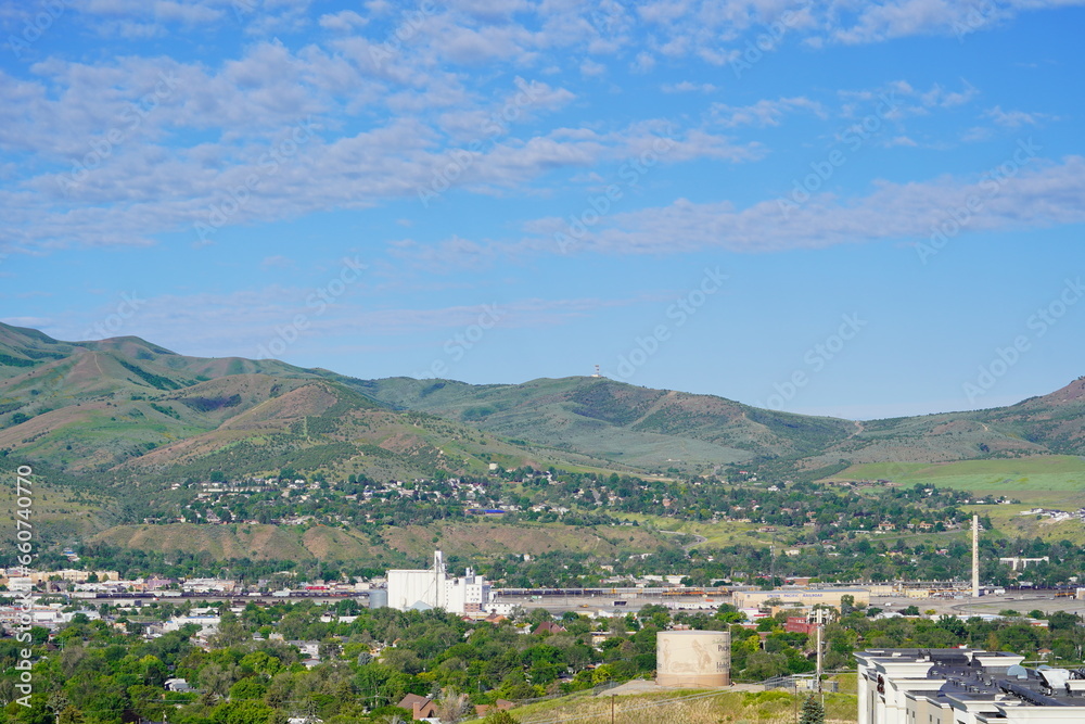 Landscape of house and mountain in city Pocatello in the state of Idaho	