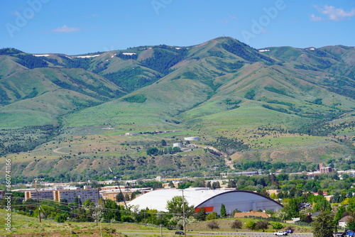 Landscape of house and mountain in city Pocatello in the state of Idaho