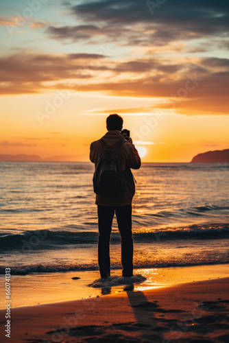 silhouette of a photographer taking landscape photos on a beautiful beach at sunrise or sunset