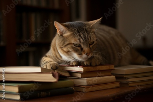 Bookworm feline engrossed in literature. Generative AI