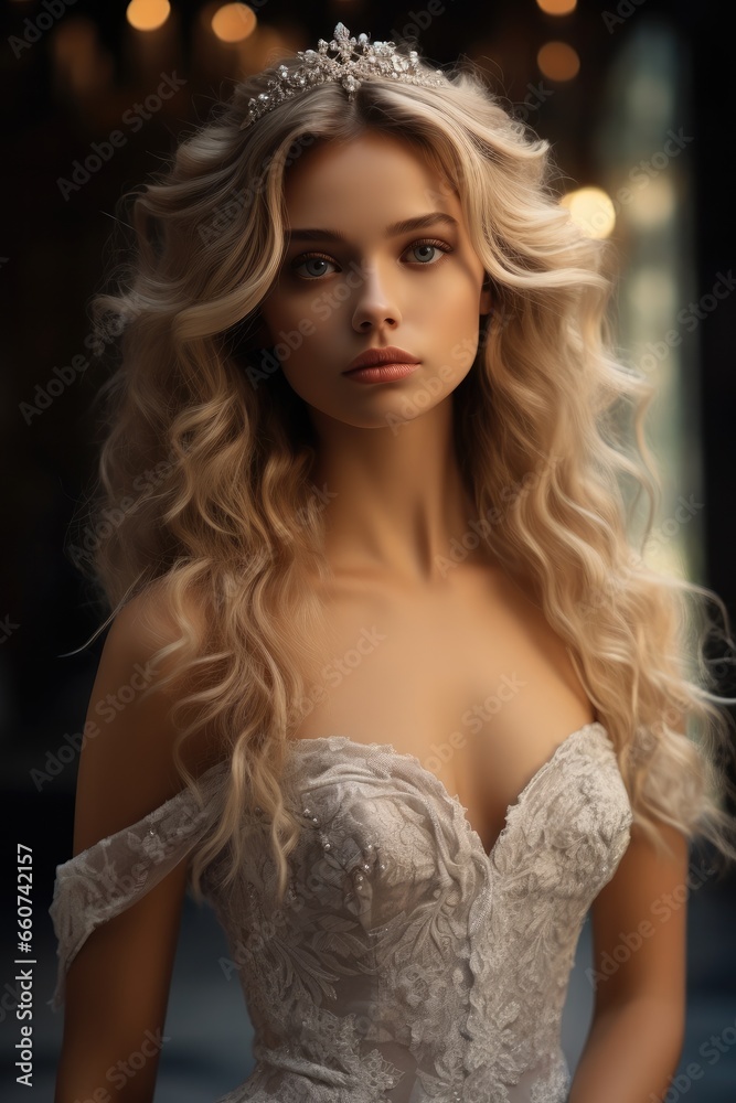 Portrait of a bride with blue eyes with long blonde wavy hair and a delicate tiara on her head.