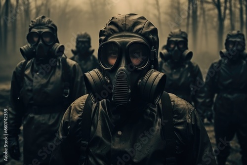 Soldiers wearing gas masks.