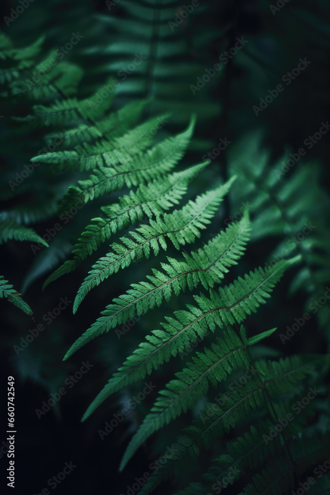 Native fern branches in a dark natural forest, with beautiful green leaves and silver cool cinematic lighting. Dark rainforest, subtropical, close up nature photography of plants and trees